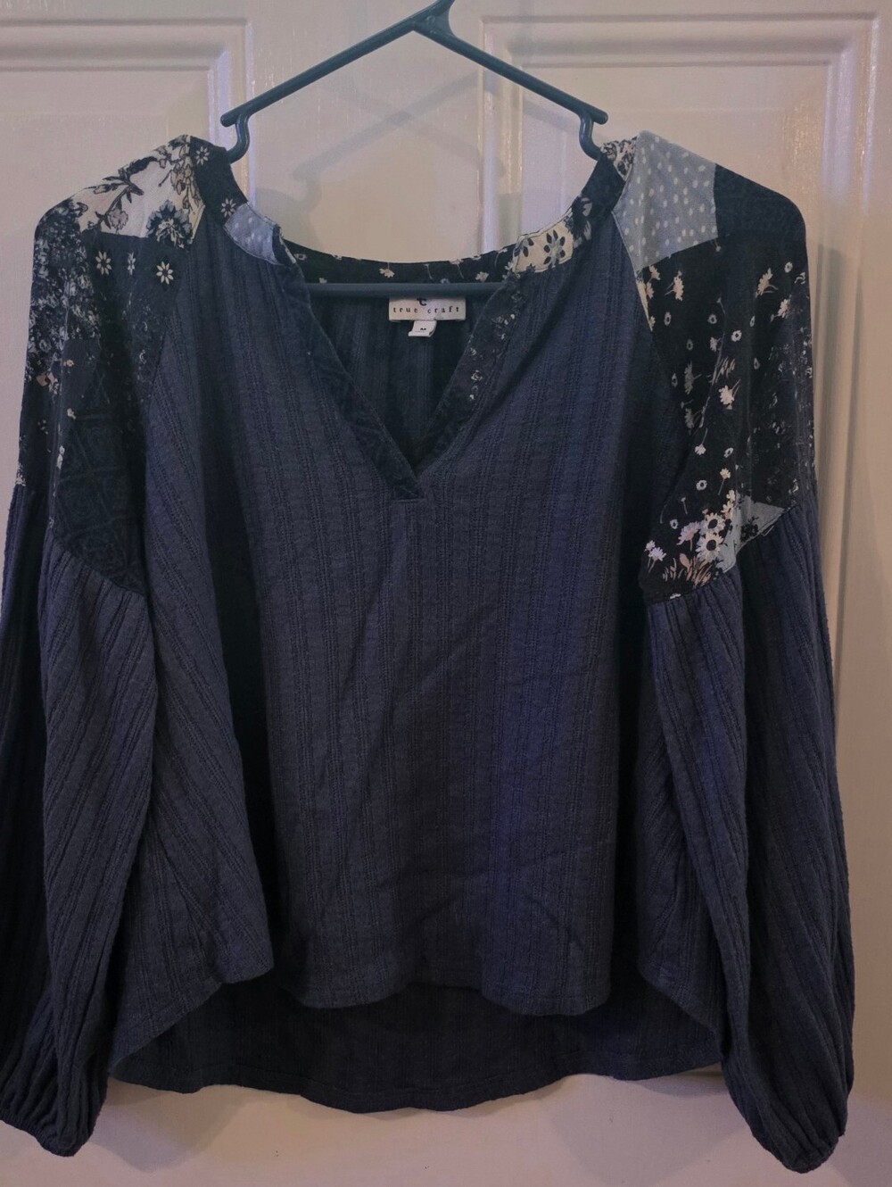 True Craft Navy Patchwork Peasant Crop Top